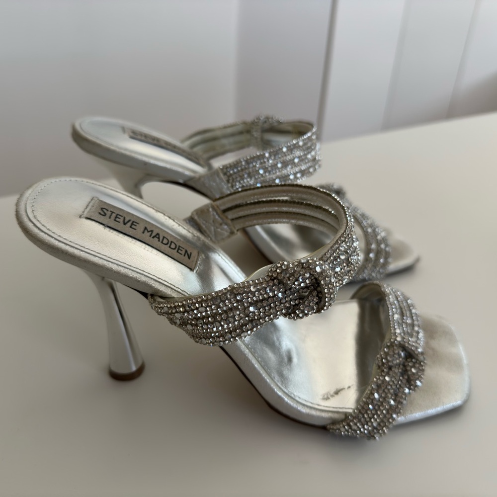 Steve Madden Silver Heels with Crystal Embellishments